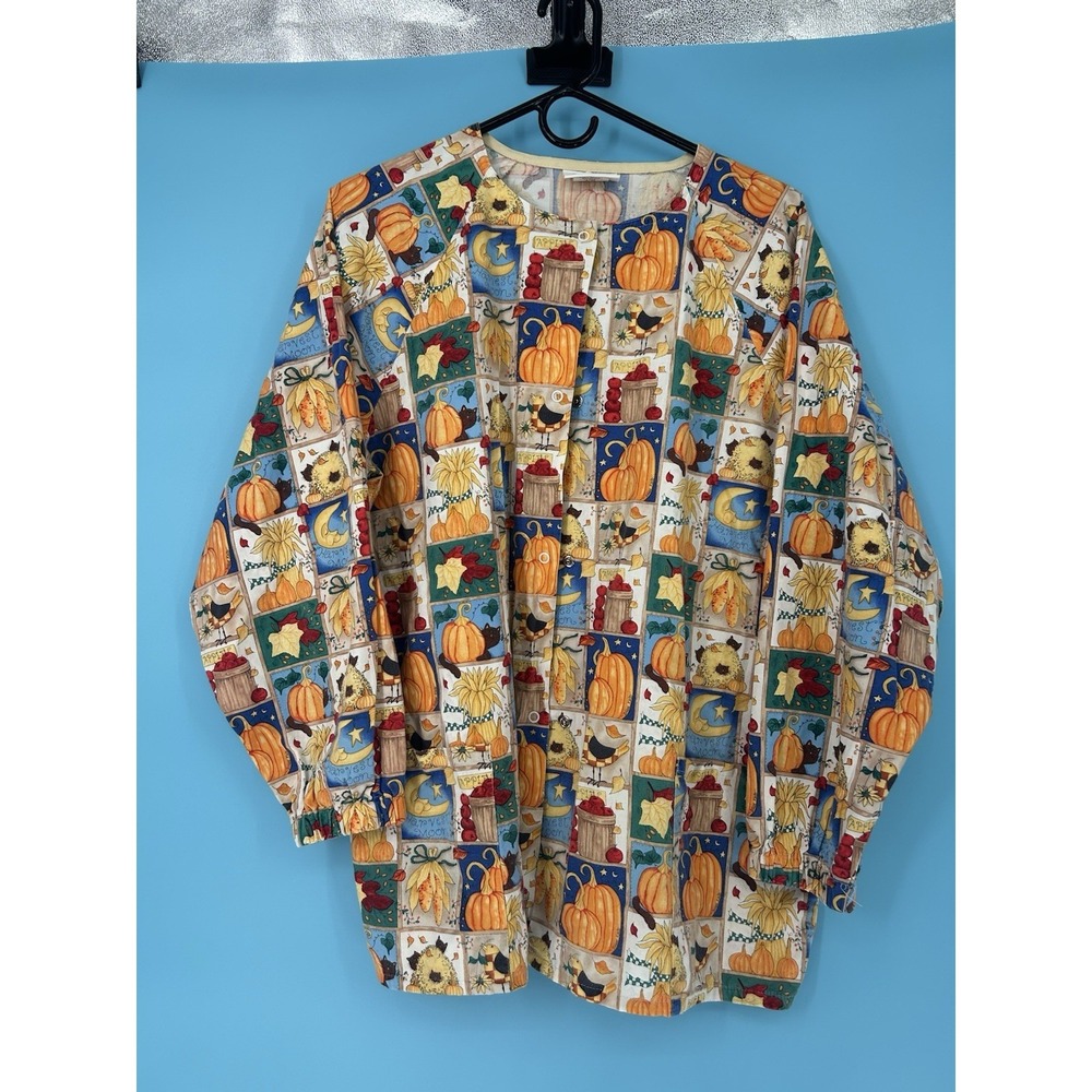 Life Scrub Top Large Autumn Harvest Orange Pumpkins Cats Snap Front Long Sleeve